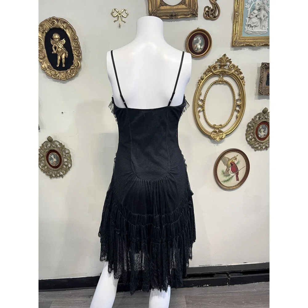 Max Studio Special Edition Vintage Black Mesh Ruffle Tiered Slip Dress Size XS